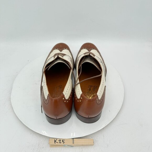 Salvatore Ferragamo Men Sz 10.5 D Brown White Leather Brogue Oxford Dress Shoes - Picture 10 of 13